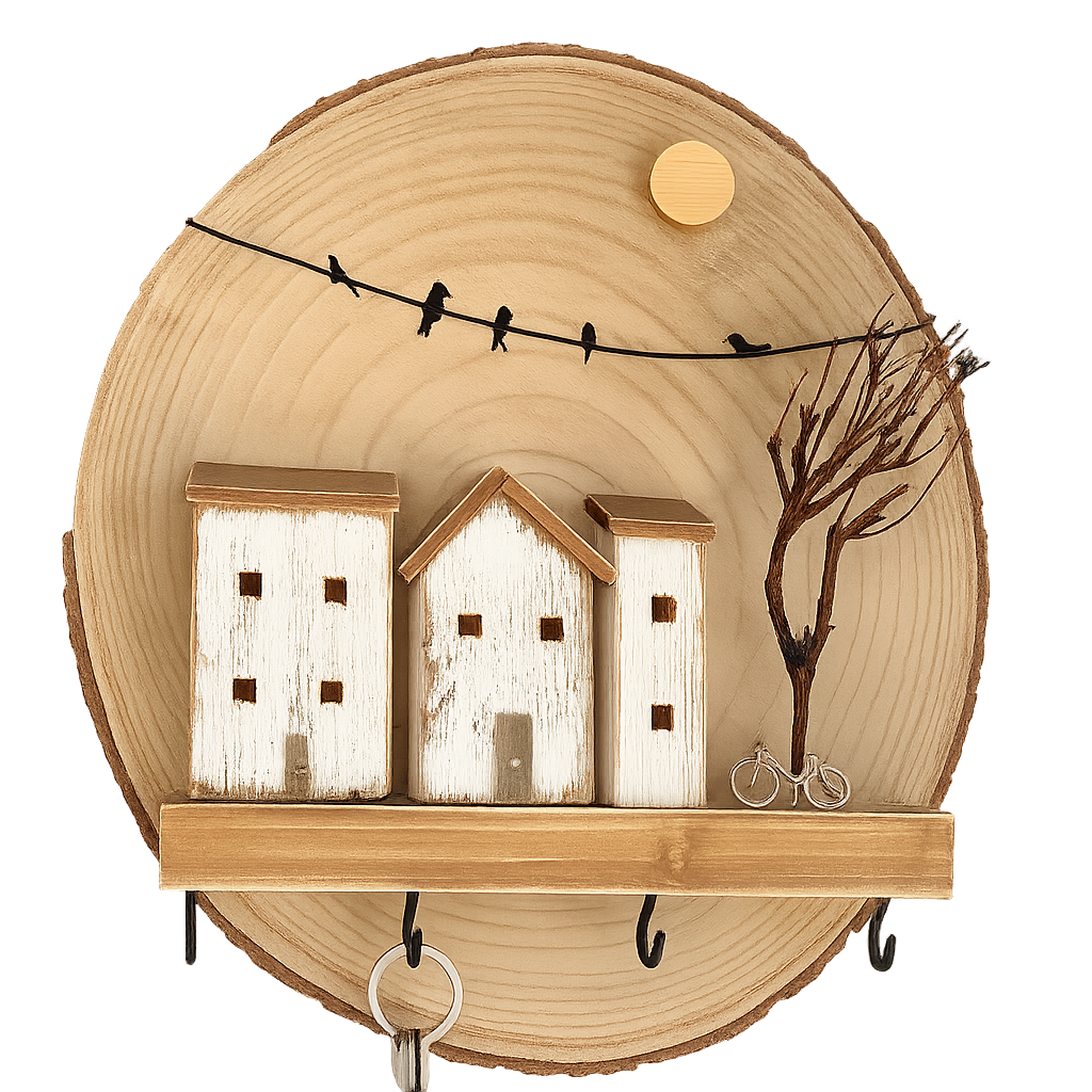 Rustic Village Key Holder – Handmade Wooden Wall Organizer