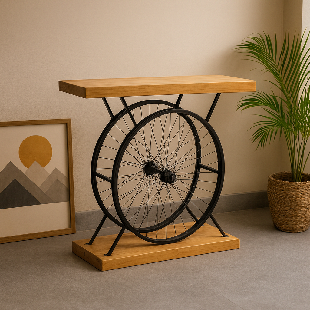 Industrial Wheel Console Table – Handmade Functional Art